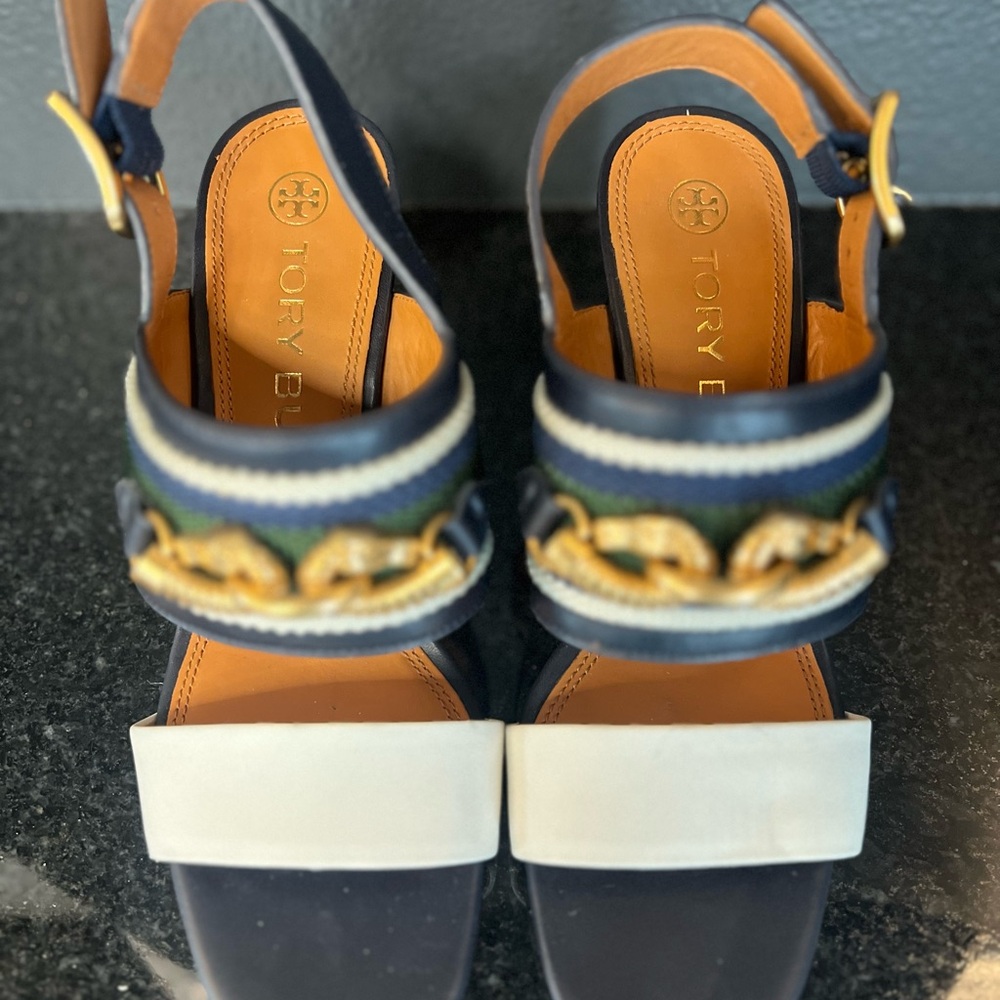 Tory Burch Blue and Green Sandals with Chunky Wedge Heel - Picture 4 of 15